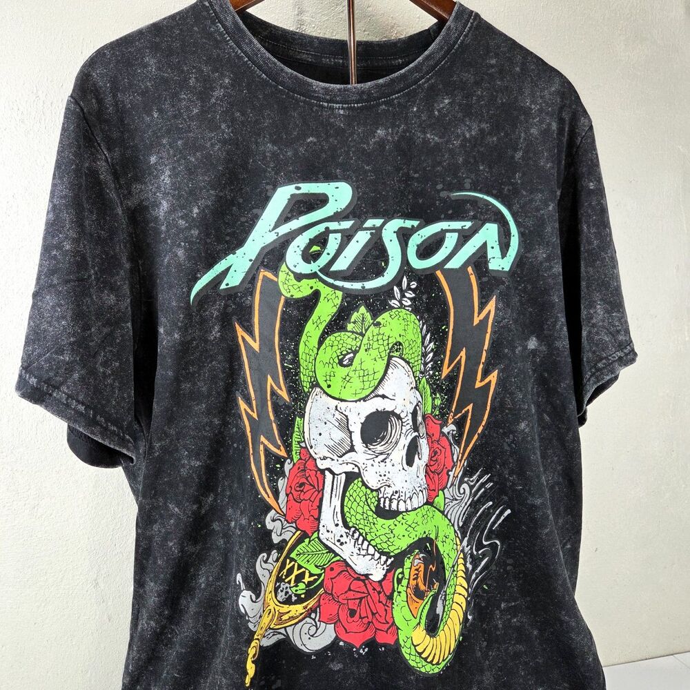 Poison Band T Shirt XL Skull Snake Roses Acid Wash Rock Graphic Tee NWT